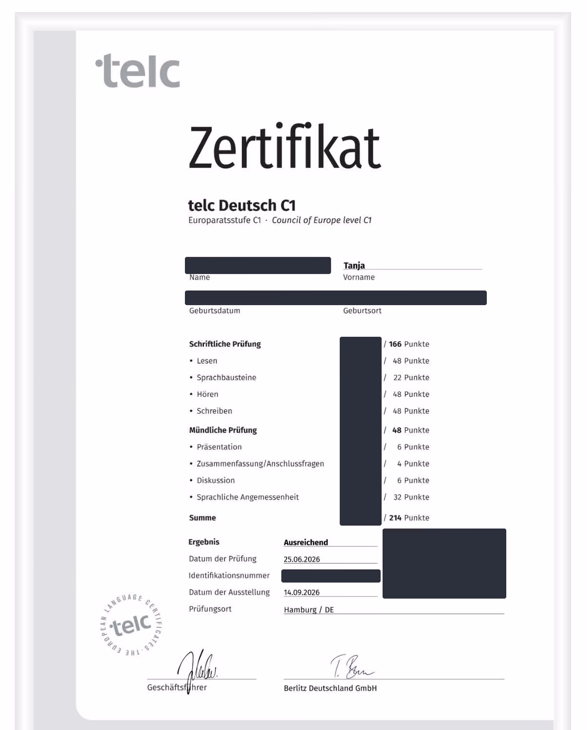 Zertifikat von Tanja